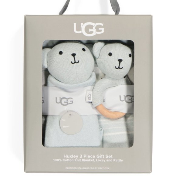NWT‎ UGG BABY 3 PIECE BOXED GIFT SET BLANKET LOVEY AND RATTLE BABY BLUE - Picture 1 of 5